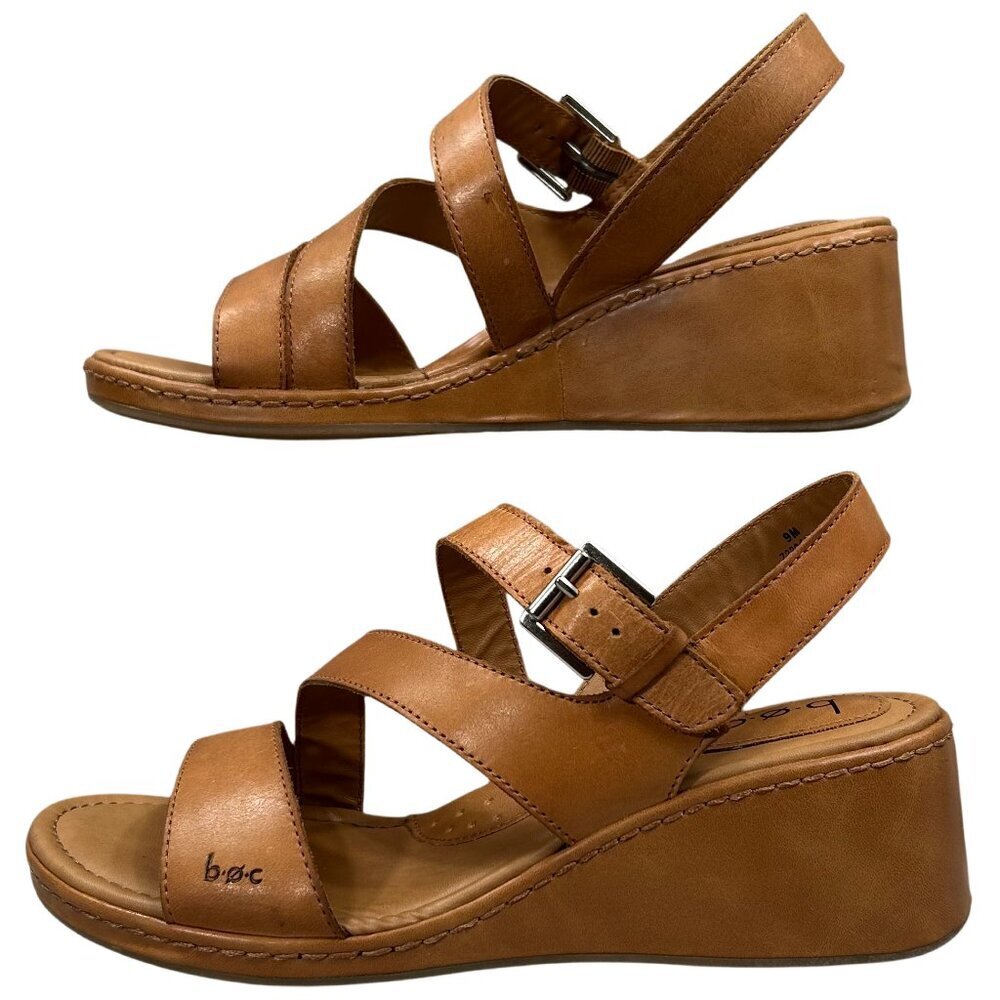 b.o.c. Born Concepts Alma Tan Leather Buckle Wedge Sandal Size 9